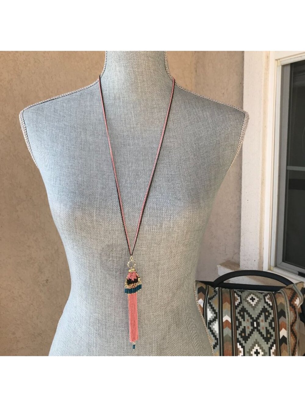 NWT Anthropologie Boho Festival Jewelry Pink Long Beaded Chain Tassel Necklace